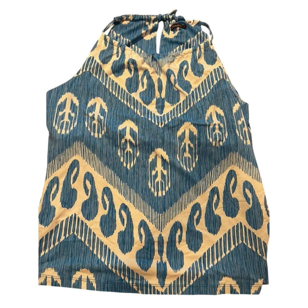 J.McLaughlin Catalina Cloth Halter Top Size L Blue White Ikat Geometric Print